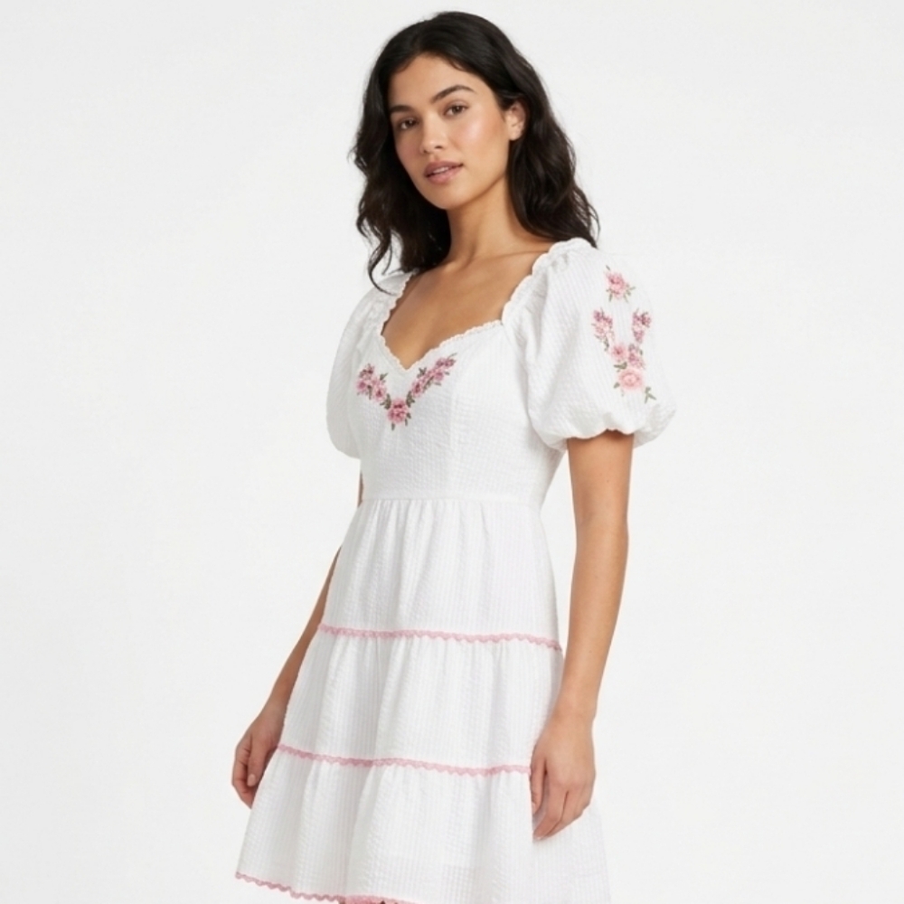 Altar'd State  100% Cotton White embroidery Puff Sleeve  Fit & Flare Mini Dress